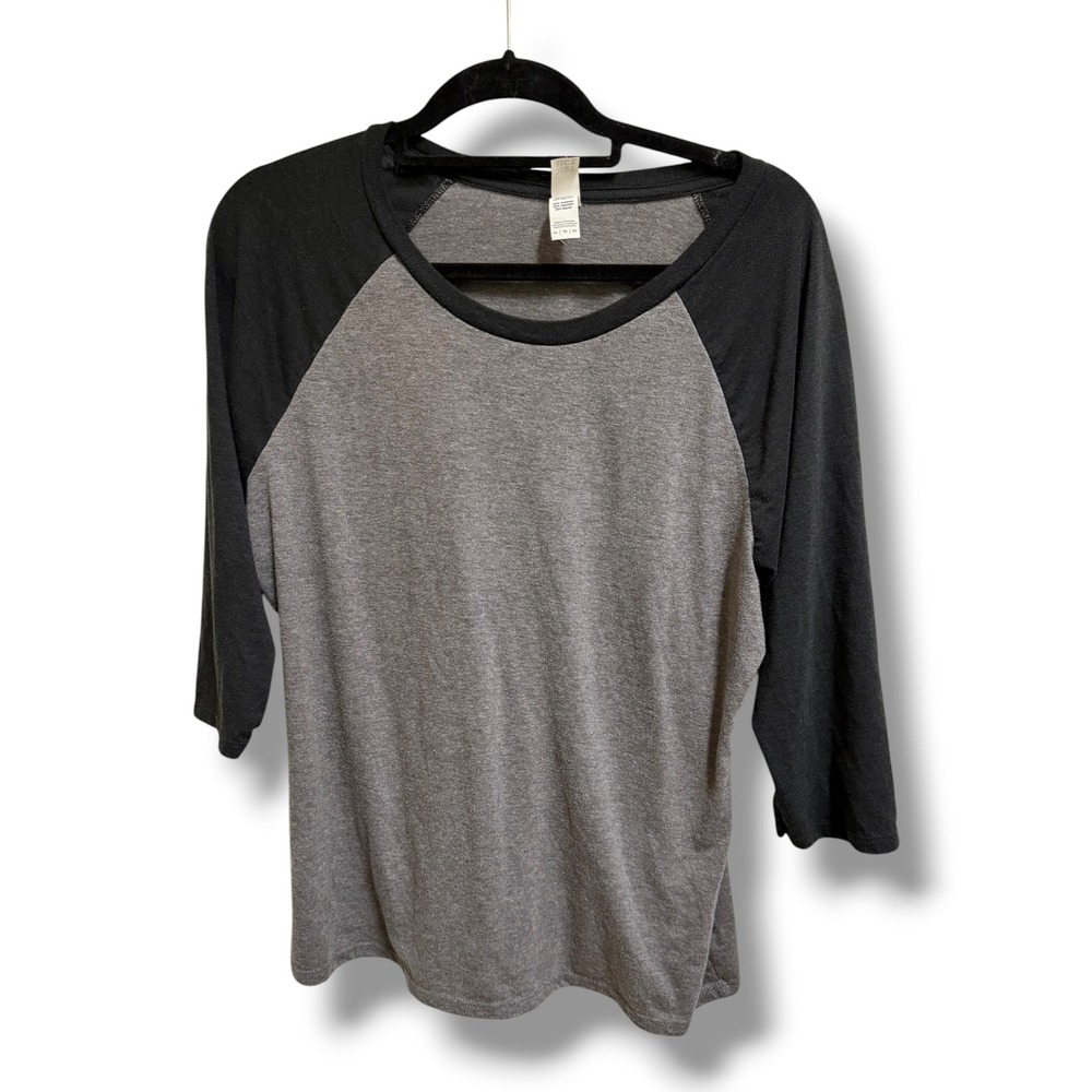District Perfect Tri Womens Heather Grey Black Raglan Baseball Tee 3/4 Sleeve XL